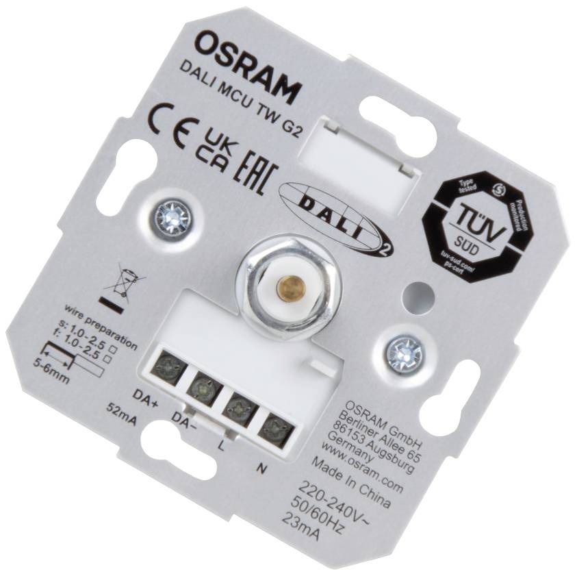 Rückseite eines OSRAM DALI Steuergeräts mit Anschlussklemmen und technischen Informationen. Geeignet für verschiedene Spannungen.