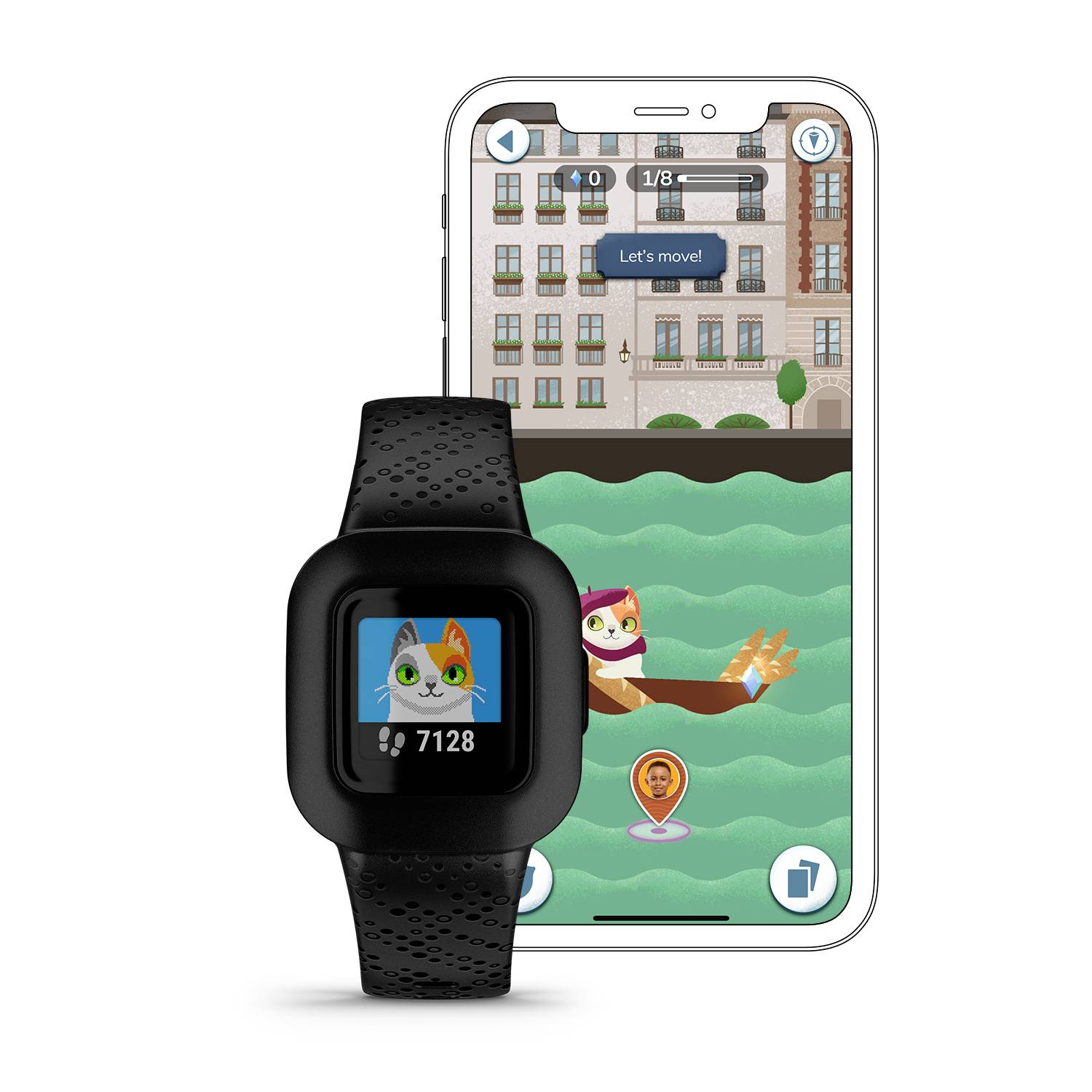 Eine Smartwatch zeigt 7128 Schritte. Dahinter ein Mobiltelefon-Bildschirm mit einer Katzenfigur, die mit einem "Let's move!"-Text schwimmt.