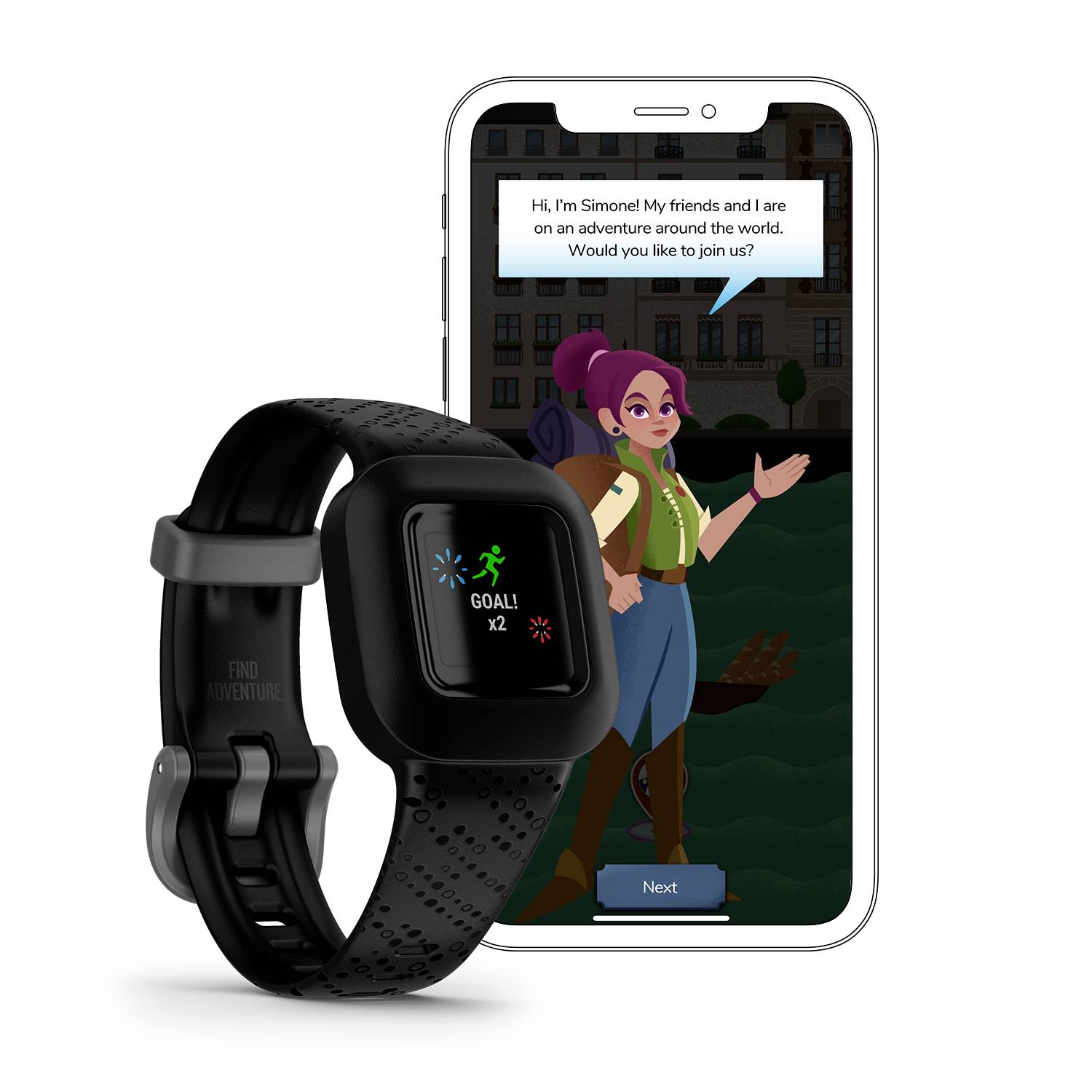Eine Smartwatch und ein Smartphone. Auf dem Bildschirm eine Animation mit einer Figur, die zum Mitmachen bei einem Abenteuer einlädt.
