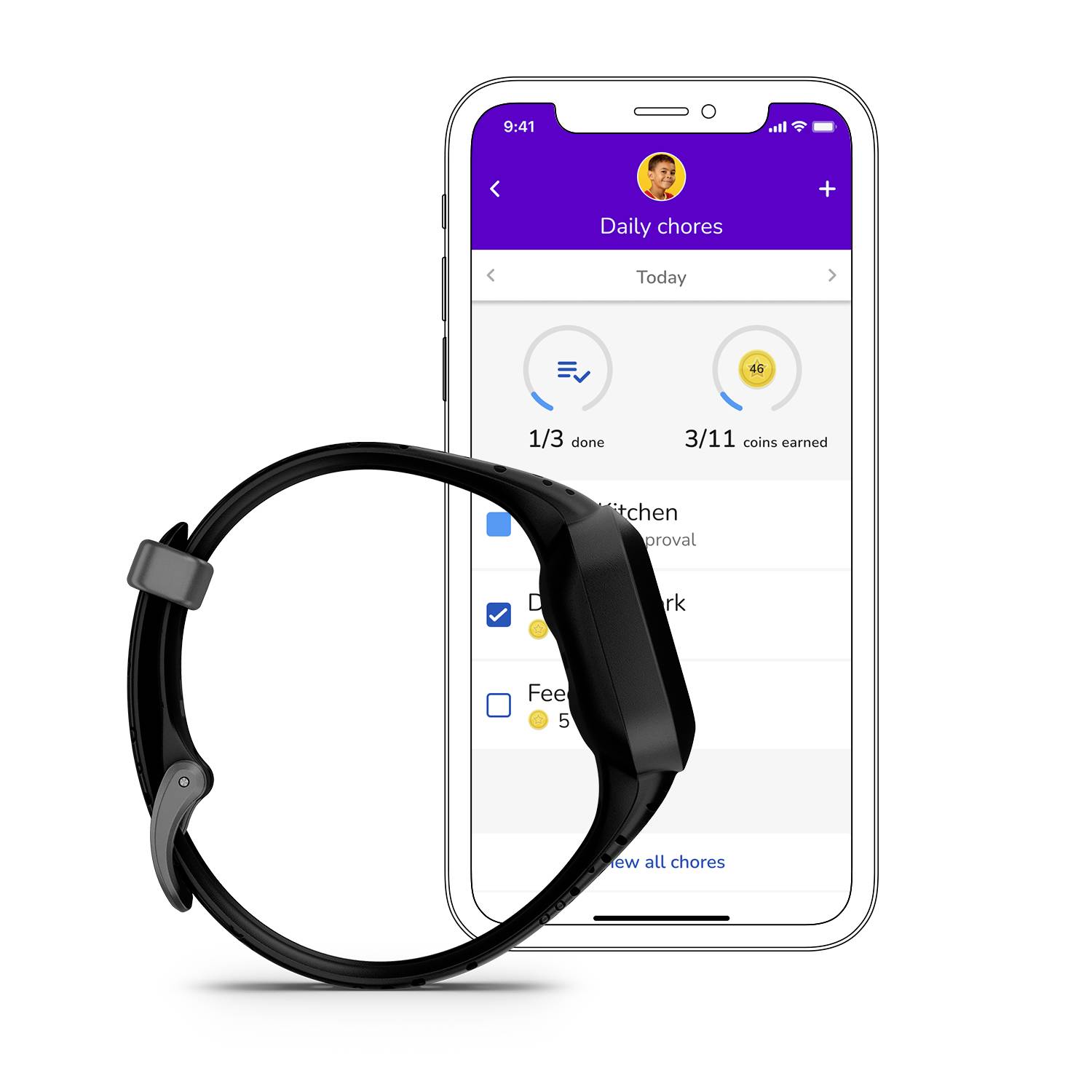 Smartphone mit geöffneter App zeigt Fortschritt bei täglichen Aufgaben. Eine schwarze Uhr liegt daneben, möglicherweise mit App verbunden.