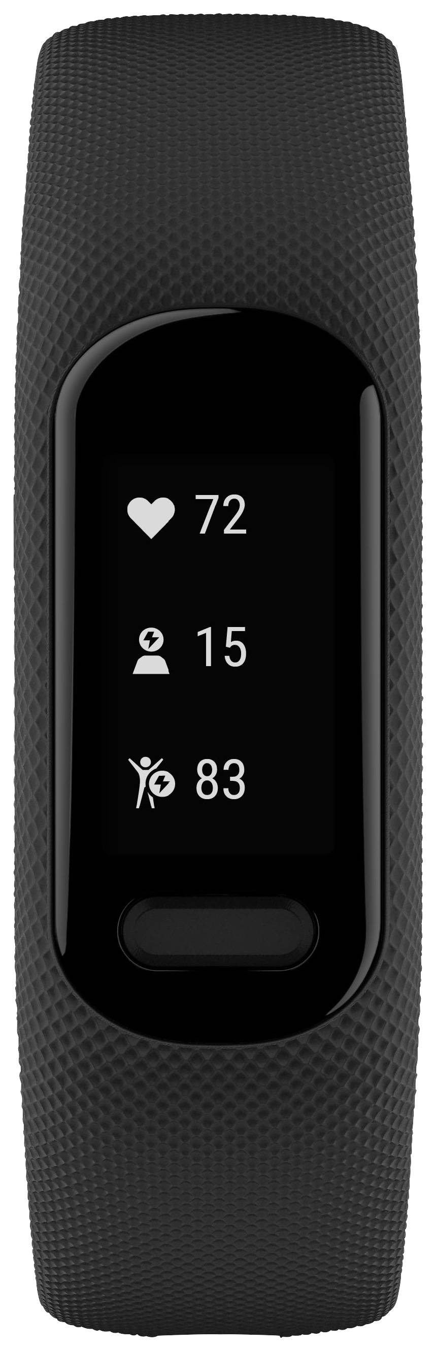 Ein Fitness-Tracker zeigt Herzfrequenz '72', Schritte '15' und Aktivitätspunkte '83' auf einem schwarzen Armband.