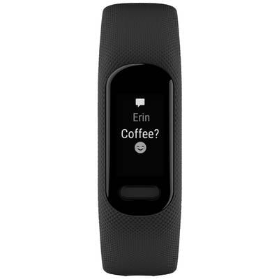 Fitness-Tracker mit einer Nachricht auf dem Display: 'Erin: Coffee?' und einem lächelnden Emoji.
