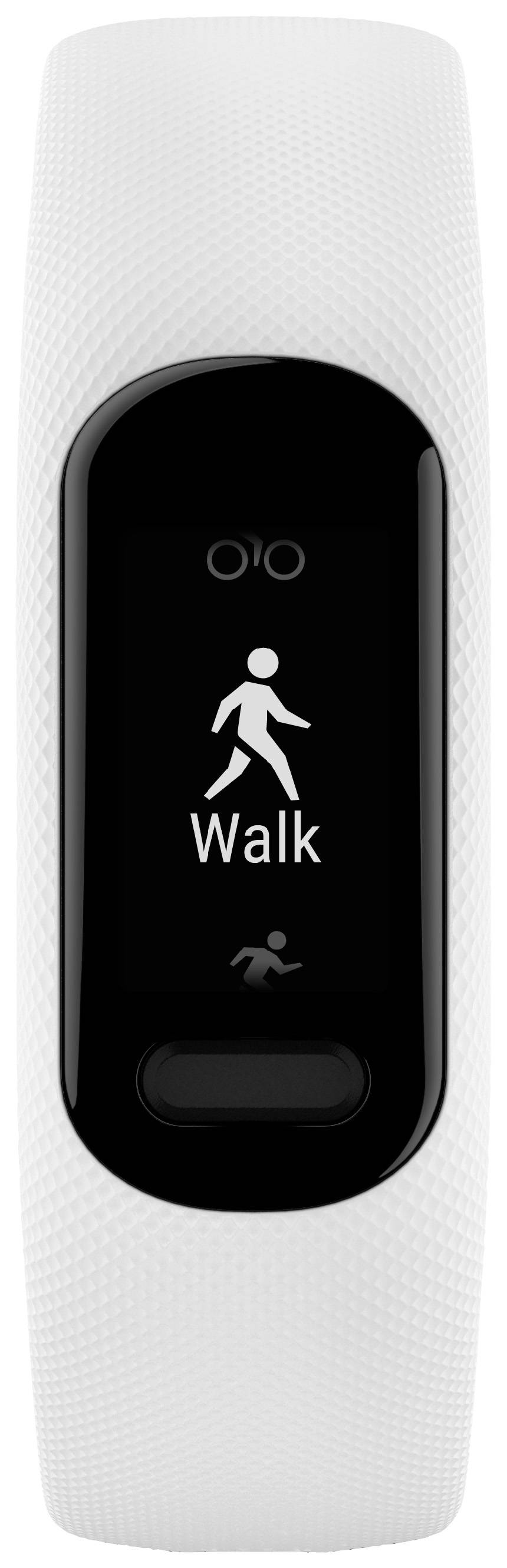 Ein weißes Fitnessarmband mit einem Display, auf dem ein Symbol einer gehenden Person und das Wort 'Walk' angezeigt werden.