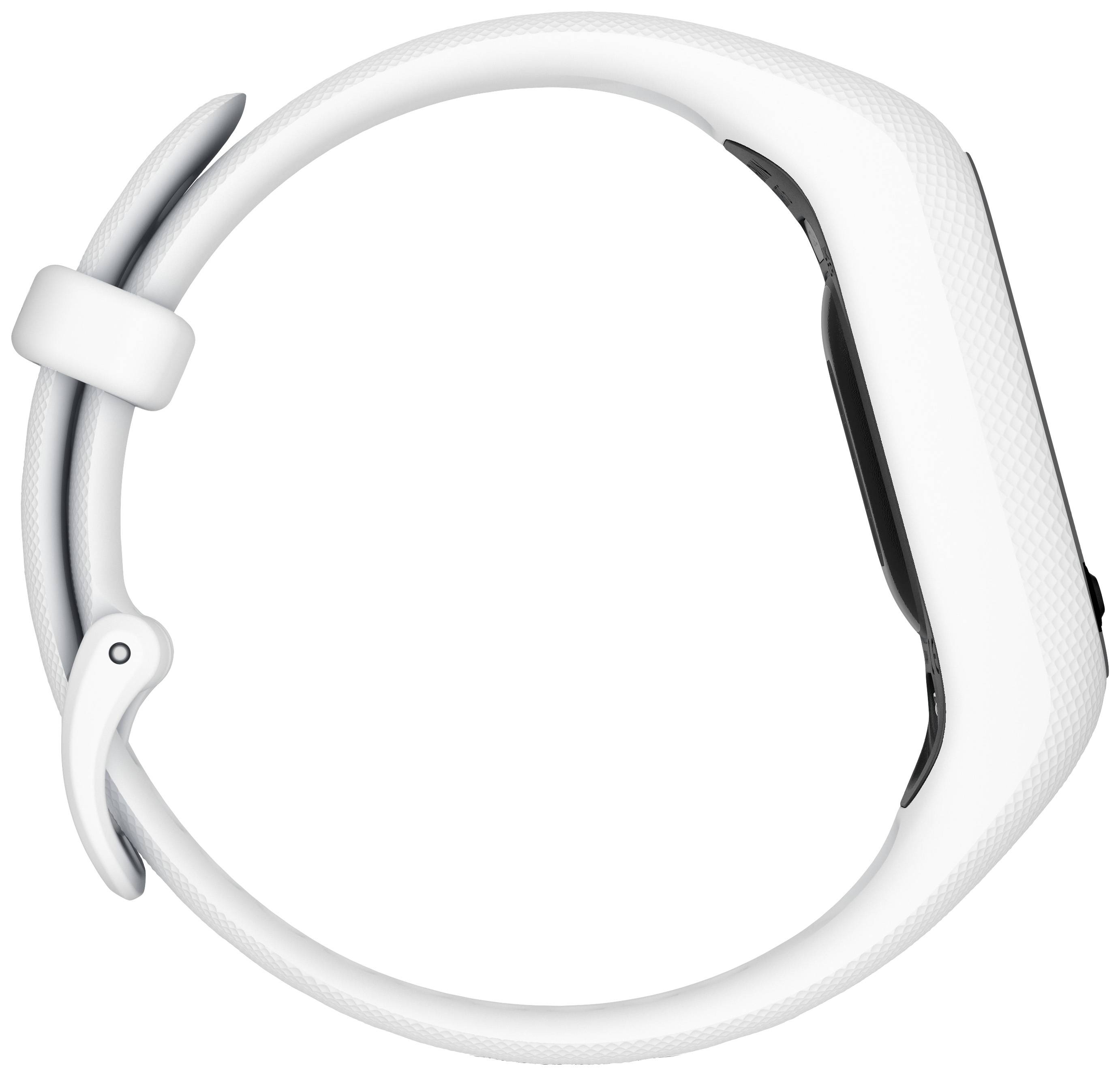 Eine weiße Smartwatch mit weißem Armband, seitlich gezeigt. Sie hat ein glattes, modernes Design und einen rechteckigen Bildschirm.