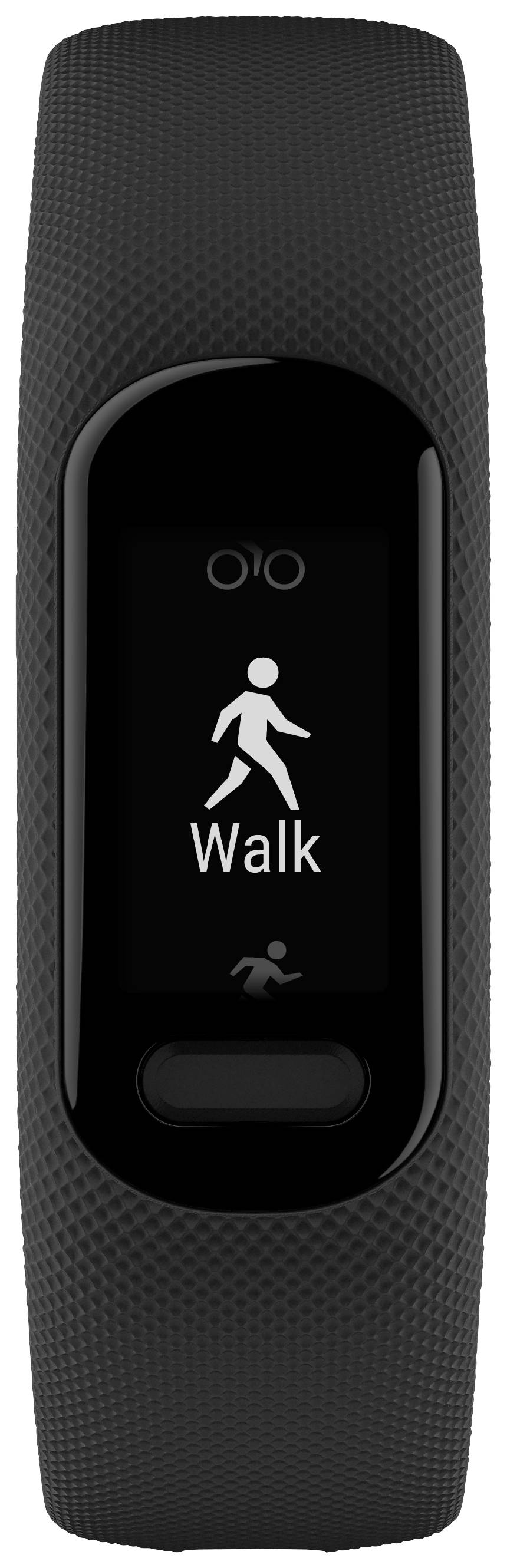 Schwarzes Fitnessarmband mit Displayanzeige: Symbol einer gehenden Person und dem Wort 'Walk'.