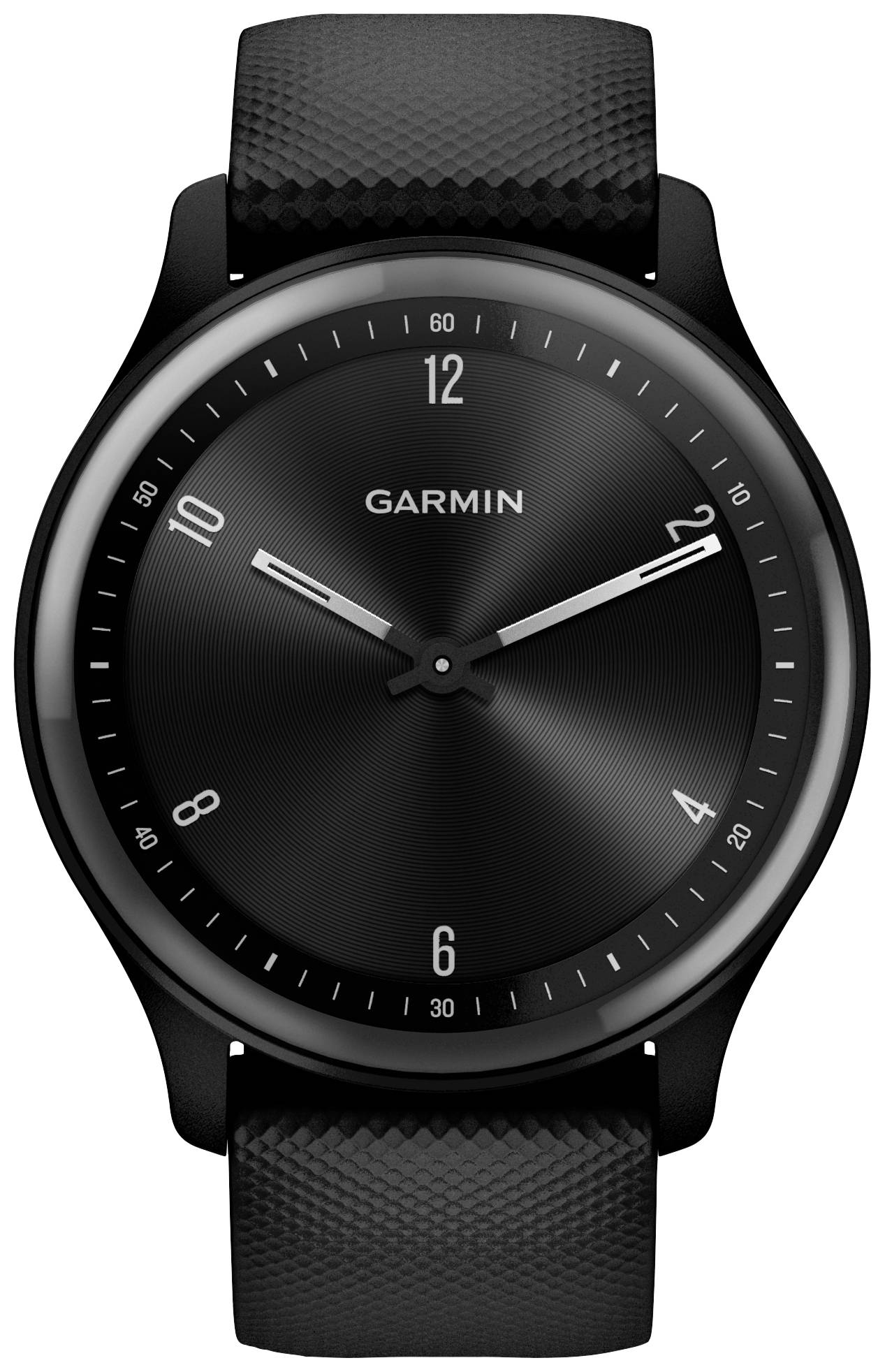 Schwarze, runde Armbanduhr mit analogem Zifferblatt, silbernen Zeigern und Stundenmarkierungen. Markenname 'Garmin' auf dem Zifferblatt.