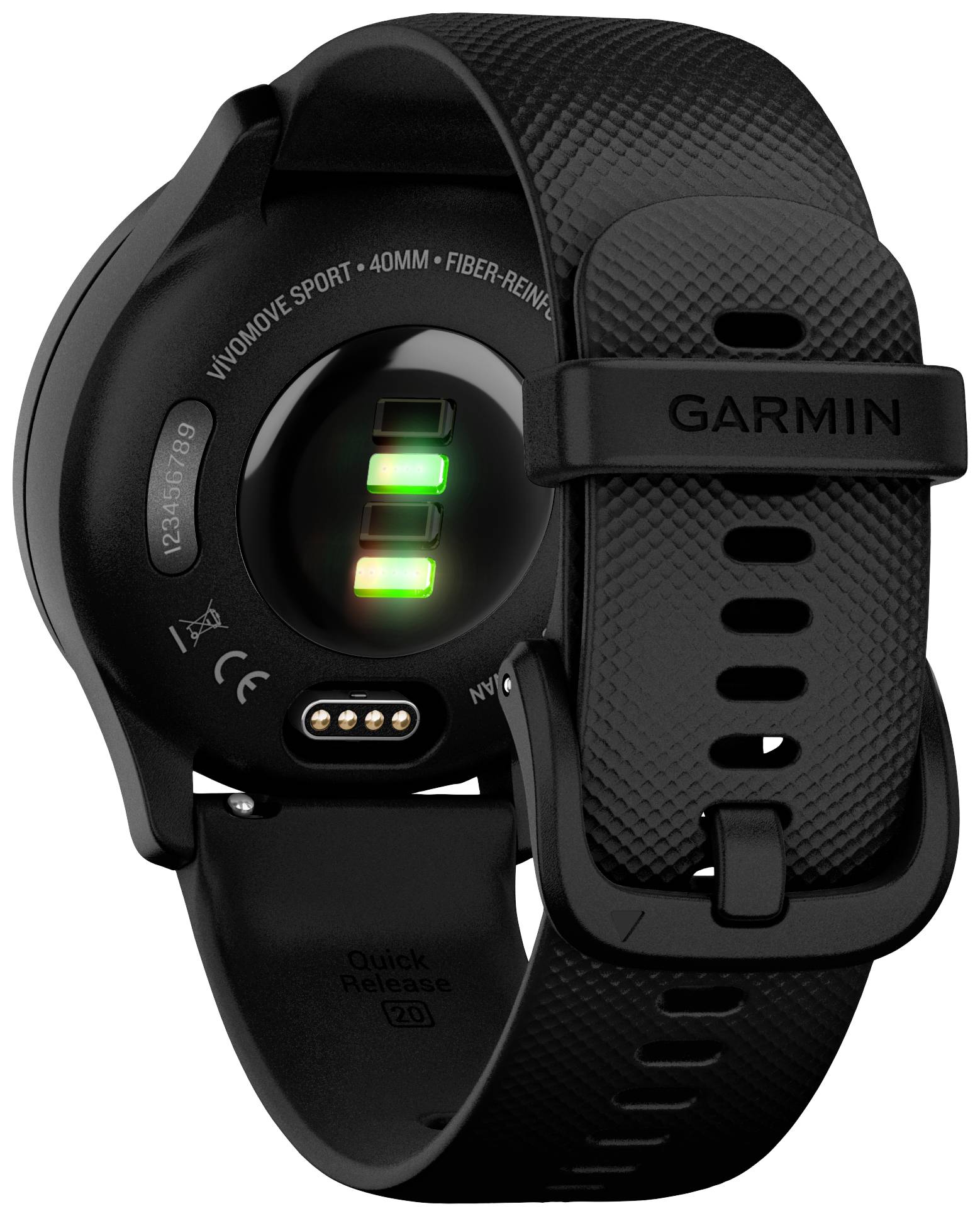 Rückansicht einer schwarzen Sportuhr mit gemustertem Armband. Der Sensor auf der Unterseite leuchtet grün. Die Marke „Garmin“ ist sichtbar.