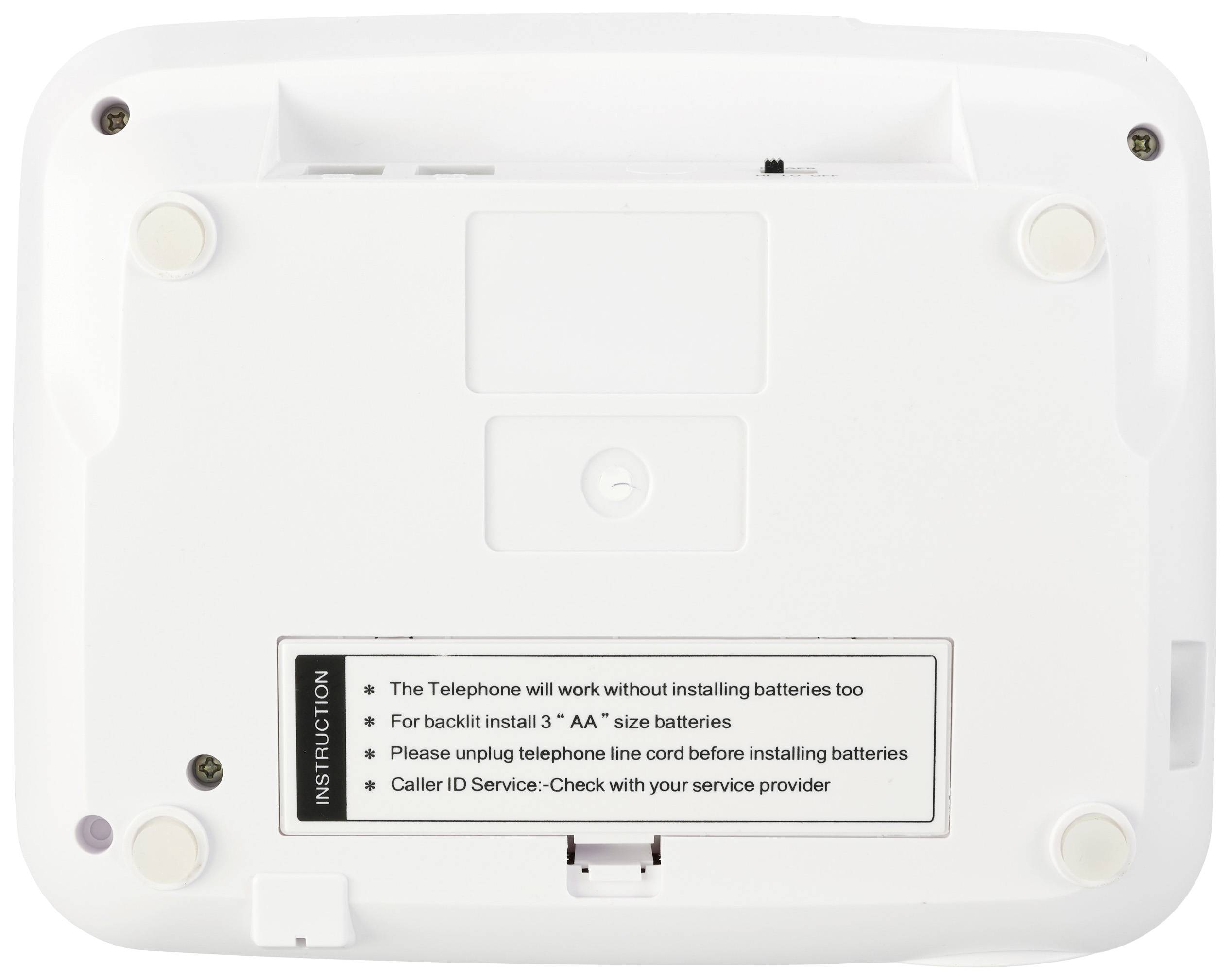 Die Rückseite eines Telefongeräts zeigt das Batteriefach und eine Anleitung, die erklärt, dass das Telefon auch ohne Batterien funktioniert.