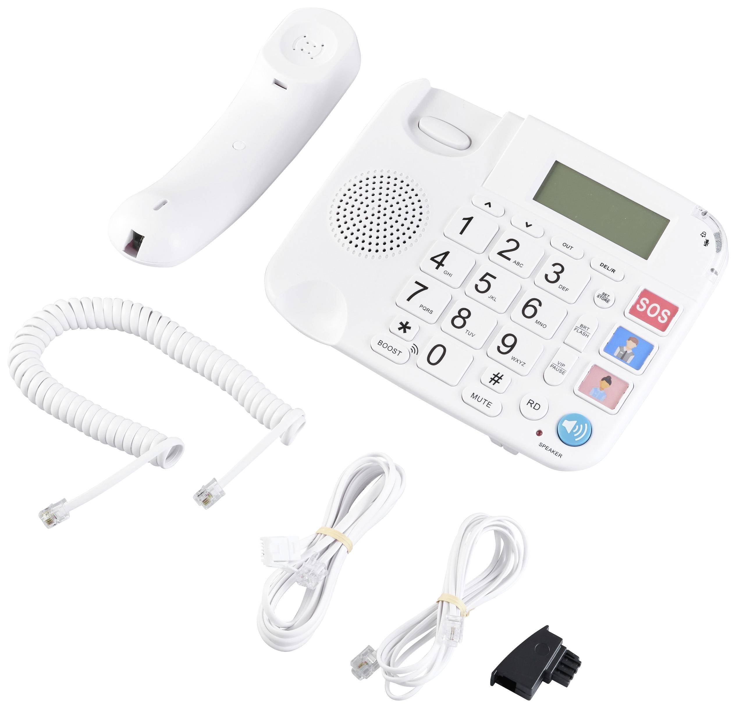 Festnetztelefon mit großen Tasten, SOS-Knopf und Zubehör, einschließlich Hörer, Kabel und Wandstecker. Ideal für Senioren.