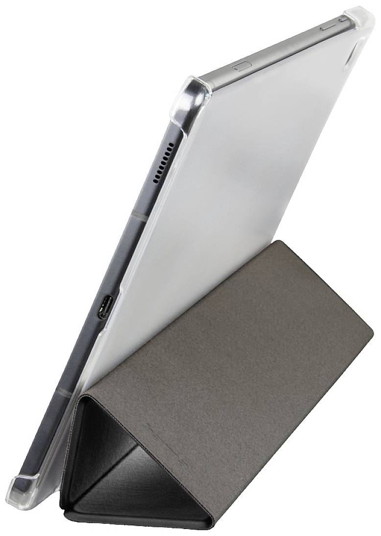 Ein Tablet steht in einer schützenden Hülle, die als Ständer dient. Die Hülle ist dreieckig gefaltet und bietet stabilen Halt.