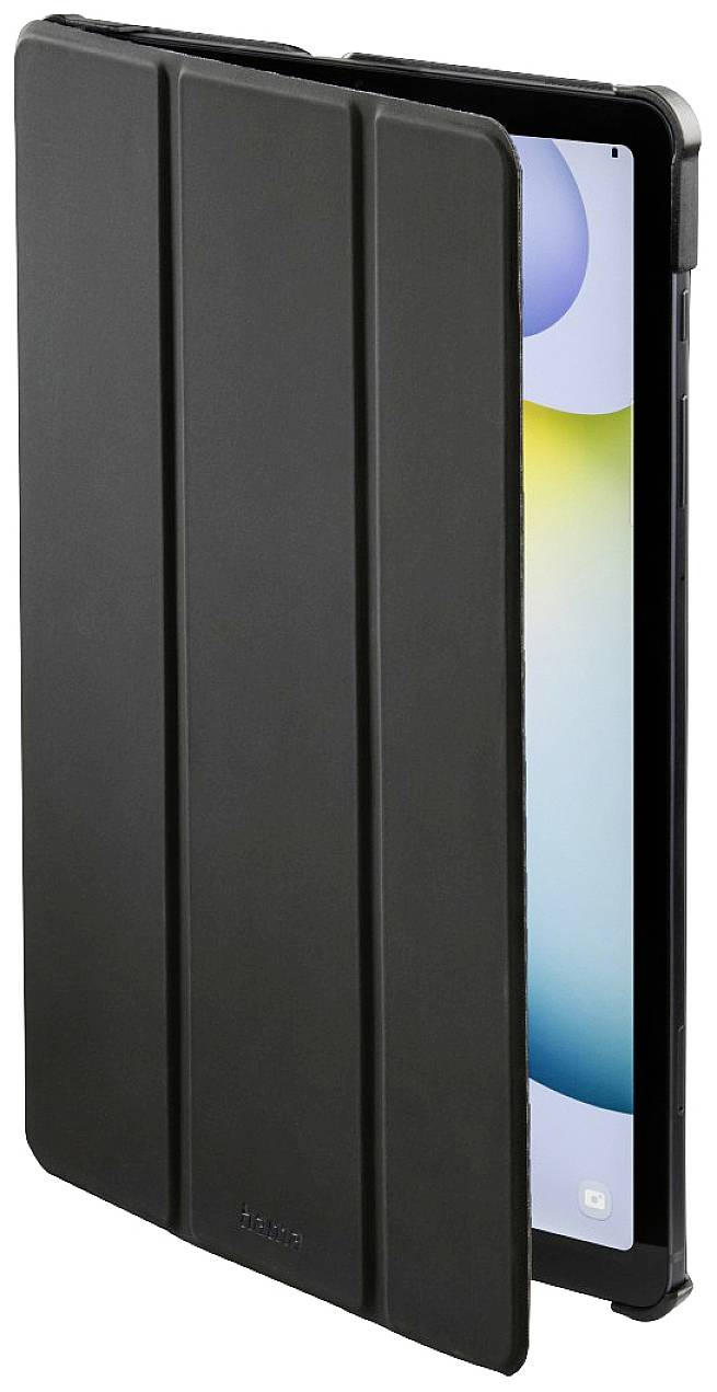 Schwarze Tablet-Schutzhülle, leicht geöffnet, zeigt ein Display mit buntem Hintergrund. Schützt und stützt das Gerät beim Aufstellen.