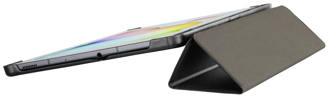 Tablet mit leicht geneigter Hülle, die als Ständer dient. Bildschirm zeigt eine Regenbogenfarbe. Die Anschlüsse sind an der Seite sichtbar.