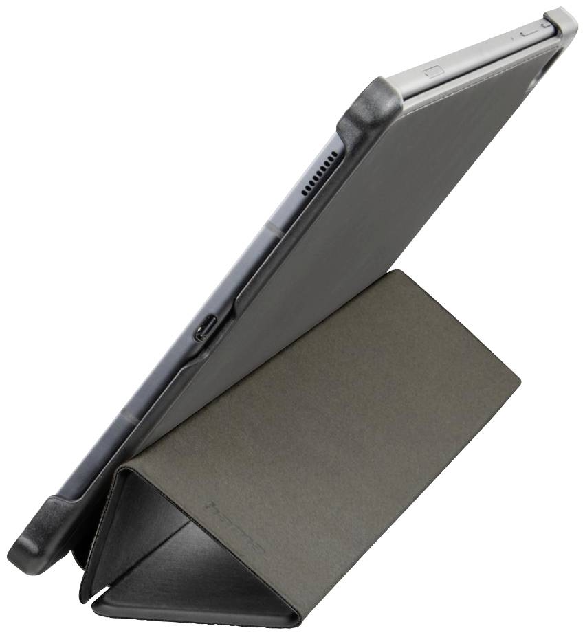 Tablet in einer schwarzen Schutzhülle, schräg aufgestellt, zeigt die Seitenansicht mit sichtbareren Lautstärketasten und Schutzrändern.