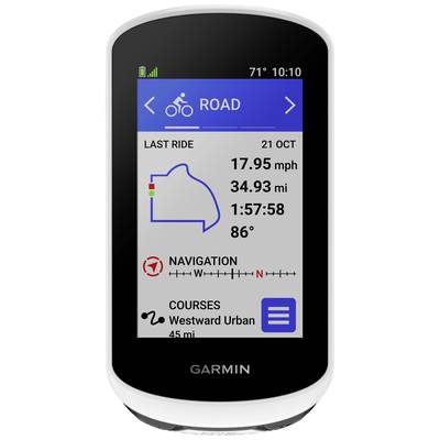 Ein Garmin-Gerät zeigt Fahrraddaten: letzte Fahrt 34,93 mi, Geschwindigkeit 17,95 mph, Zeit 1:57:58, Temperatur 86°F. Navigation unten.
