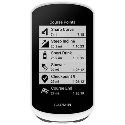 'Garmin GPS-Bildschirm zeigt Kursinformationen mit Entfernungen und Zeitangaben für scharfe Kurve, steile Steigung, Getränkestopp, Dusche, Kontrollpunkt und Kursende.'