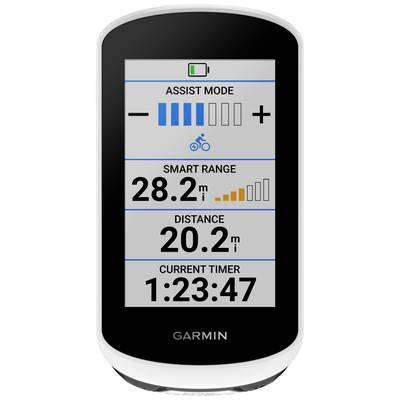 Bordcomputer-Display eines Fahrrads zeigt 'Assist Mode', 'Smart Range' mit verbleibender Reichweite von 28,2 Meilen, 'Distance' 20,2 Meilen und 'Current Timer' 1:23:47.