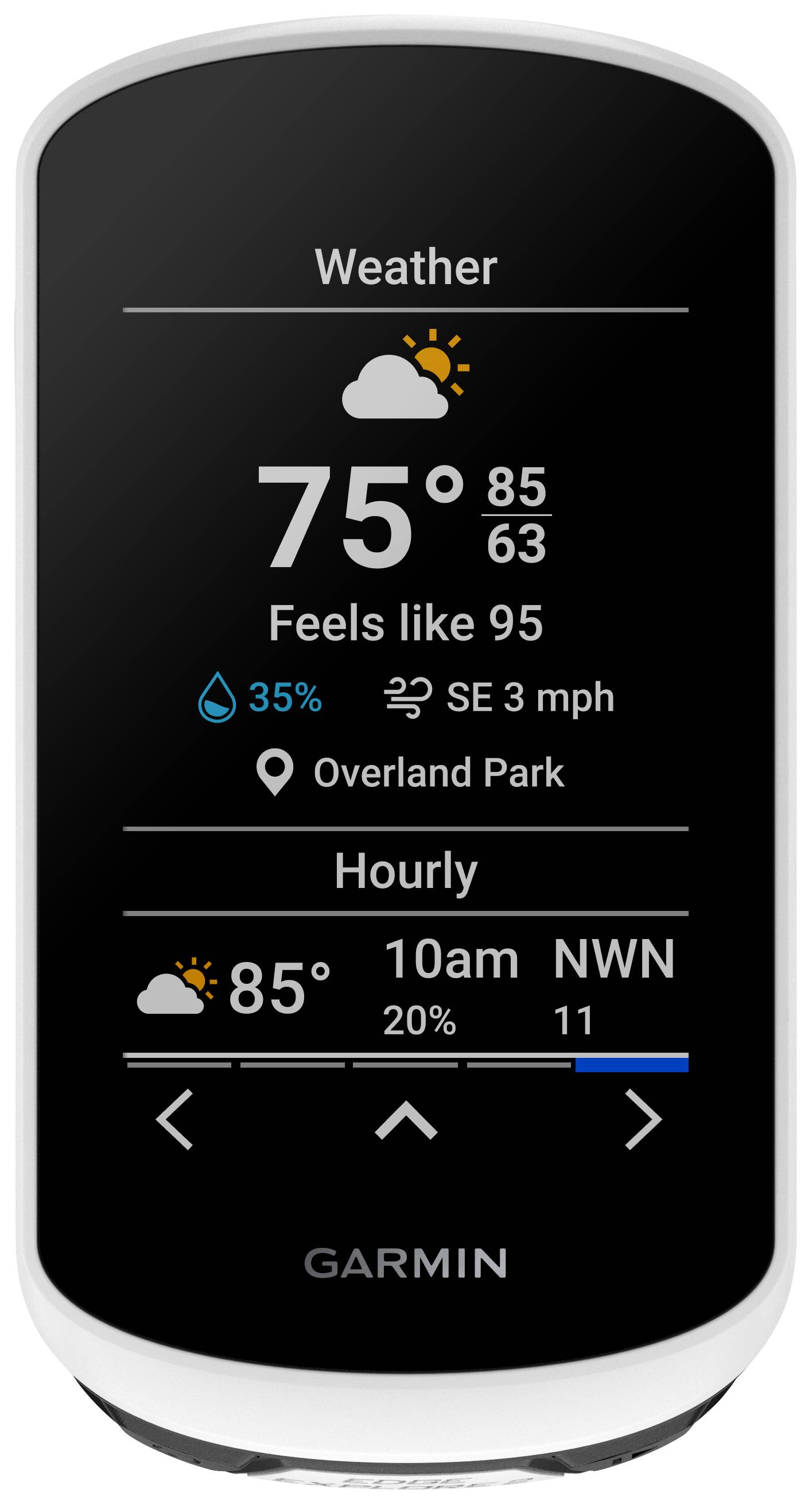 Ein Wetterdisplay zeigt: '75°F, gefühlt wie 95°F' mit Sonne-Wolken-Symbol. Ort: Overland Park. Weitere Details: Regenwahrscheinlichkeit 35%, Wind SE 3 mph.
