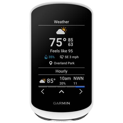 Ein Wetterdisplay zeigt: '75°F, gefühlt wie 95°F' mit Sonne-Wolken-Symbol. Ort: Overland Park. Weitere Details: Regenwahrscheinlichkeit 35%, Wind SE 3 mph.