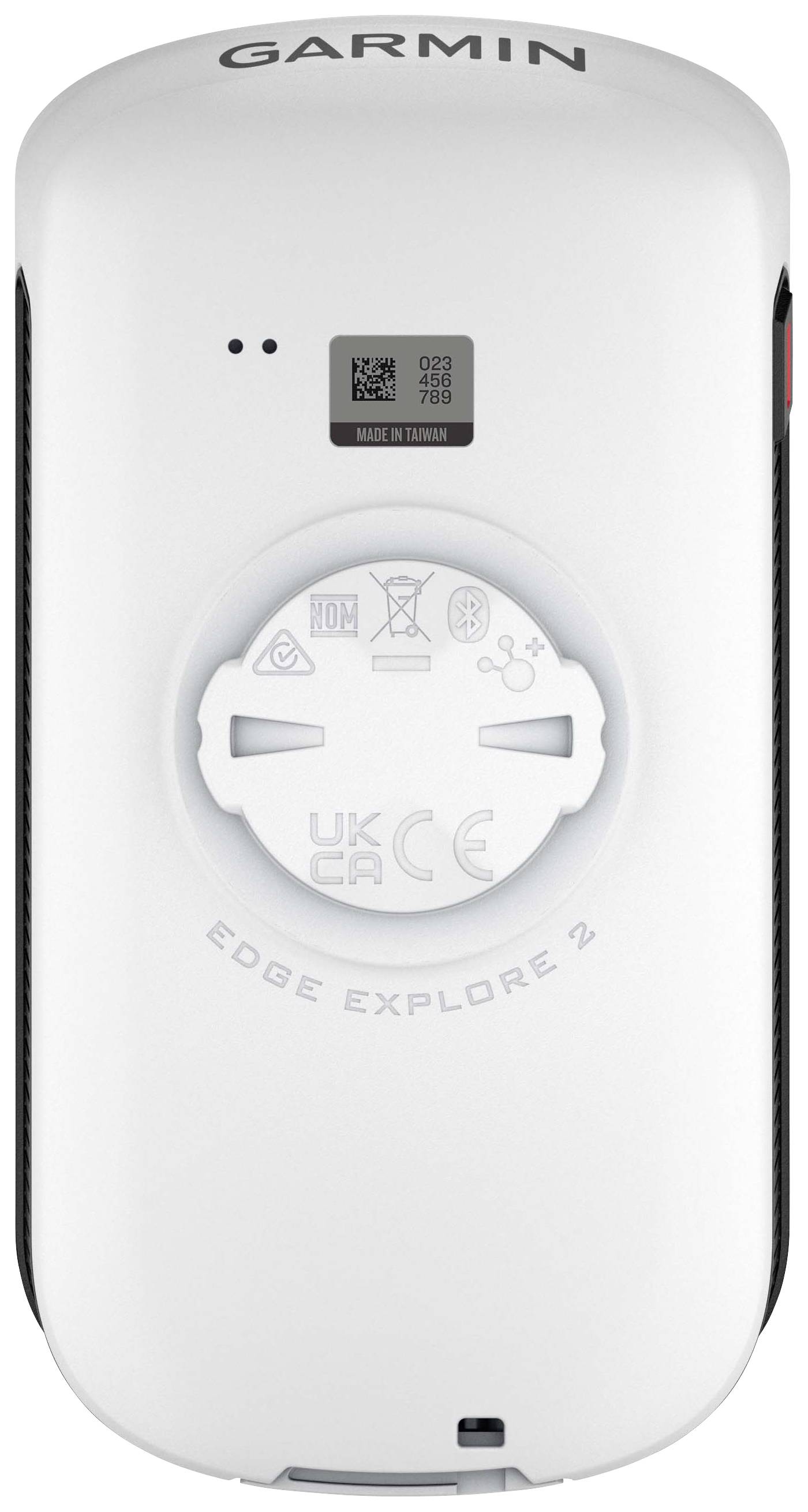 Ein weißes Garmin-Gerät von hinten, mit einer Befestigungshalterung und einem QR-Code. Markenname oben sichtbar.