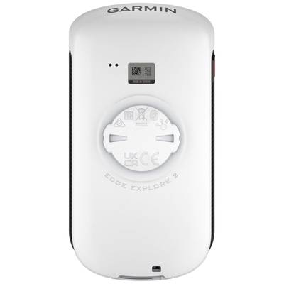 Ein weißes Garmin-Gerät von hinten, mit einer Befestigungshalterung und einem QR-Code. Markenname oben sichtbar.