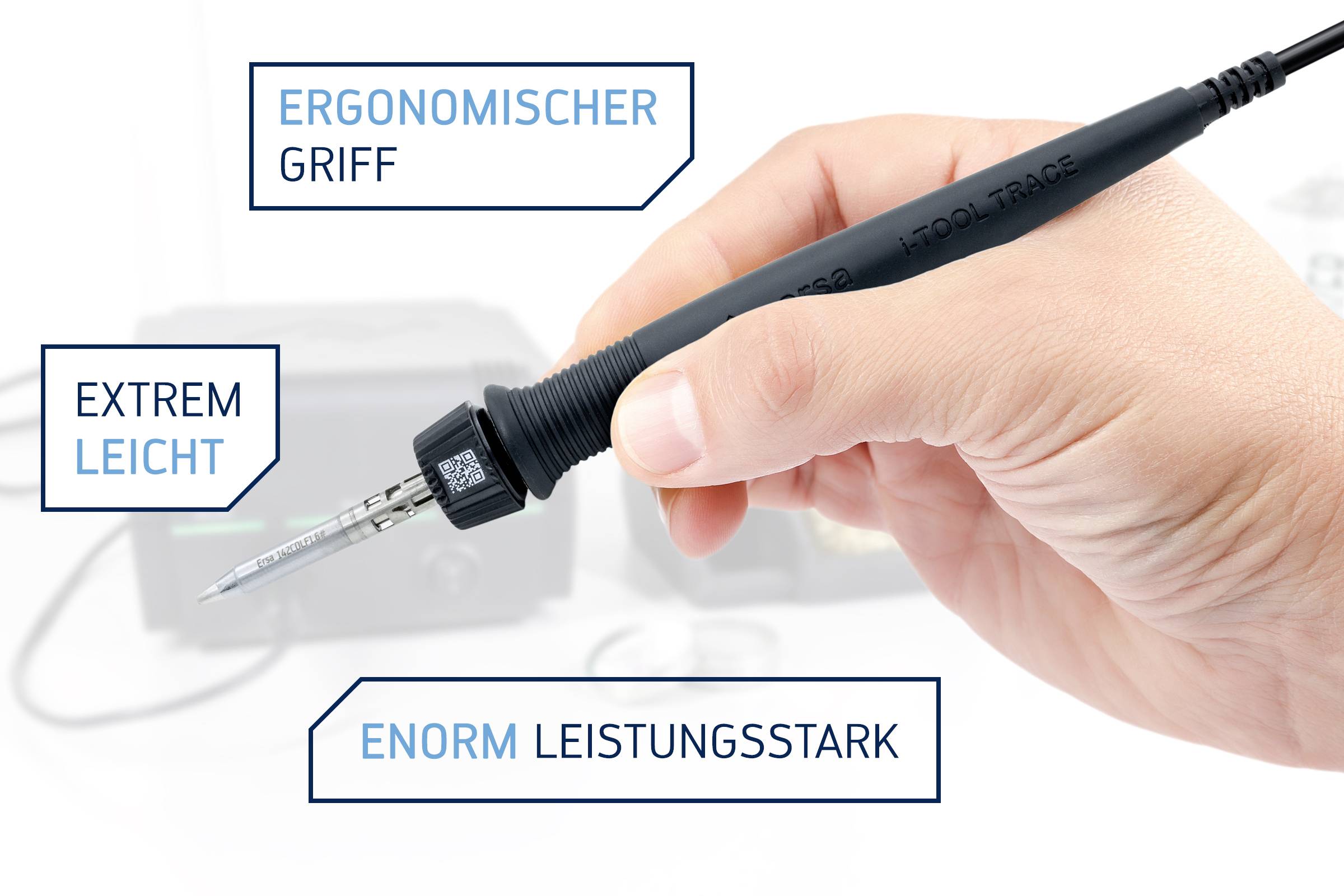 Eine Hand hält einen Lötkolben mit eingebautem 'ergonomischer Griff'. Textkästen: 'Extrem leicht' und 'enorm leistungsstark'.
