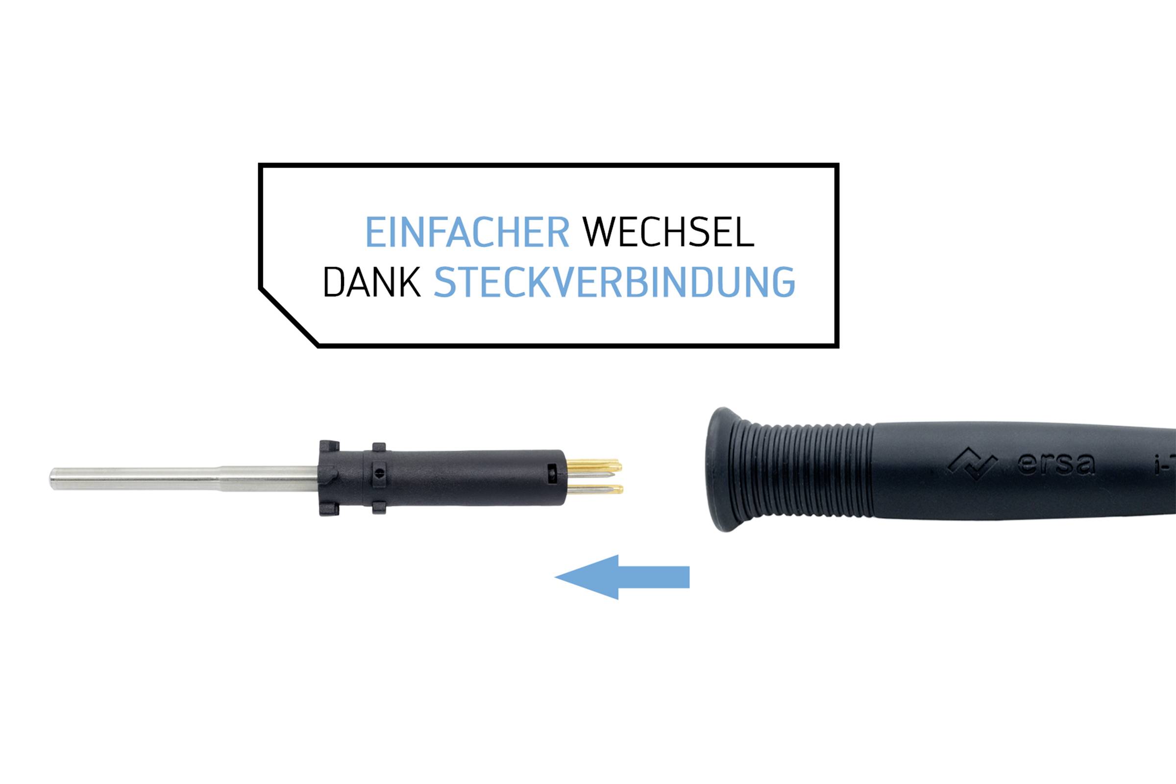 Elektrisches Werkzeug mit austauschbarer Steckverbindung. Text: 'Einfacher Wechsel dank Steckverbindung'.