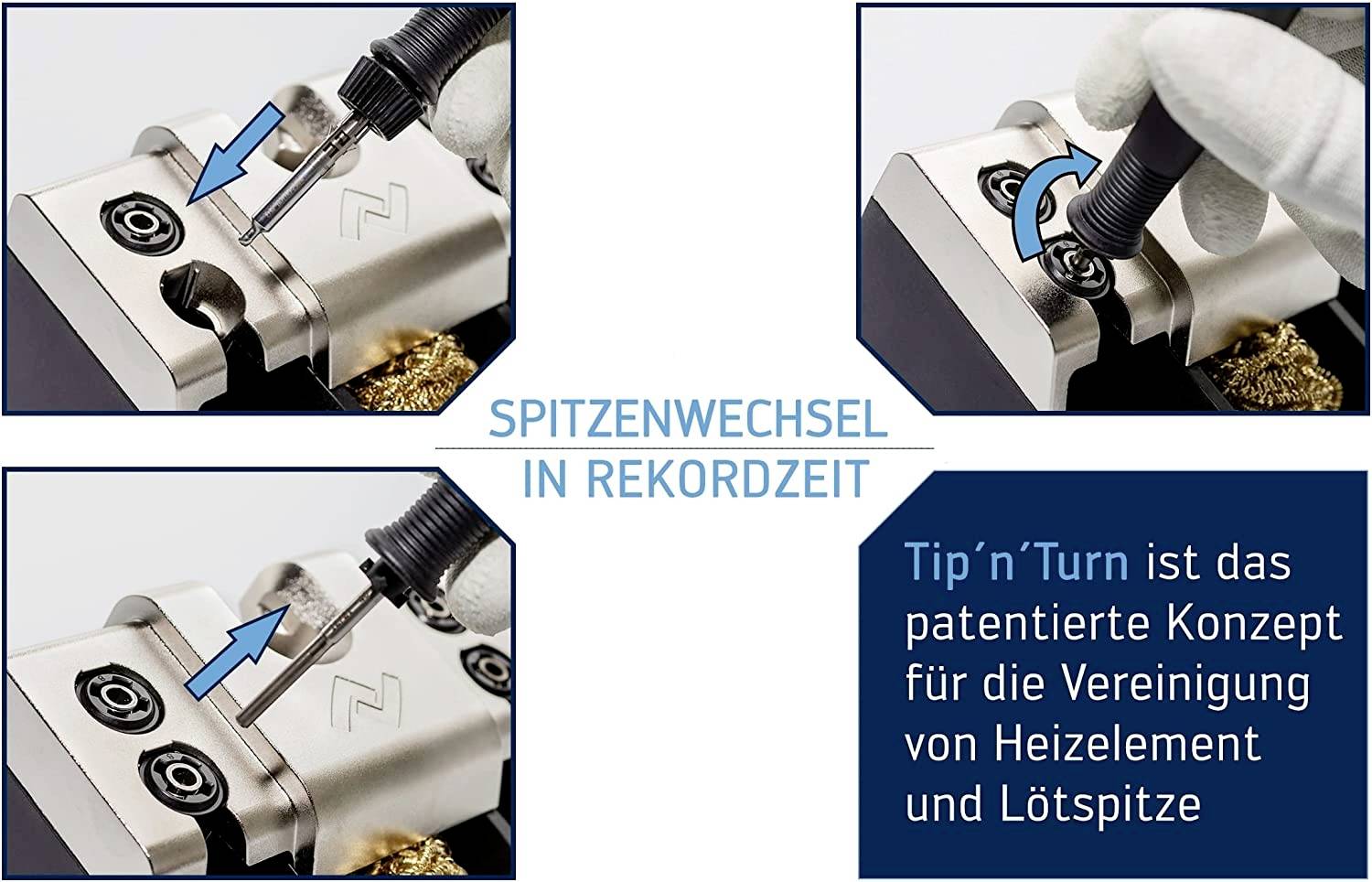 In der Mitte ist Text: 'SPITZENWECHSEL IN REKORDZEIT'. Links und rechts zeigen Bilder den Wechsel einer Lötspitze durch ein patentiertes Konzept, erläutert im Text unten.