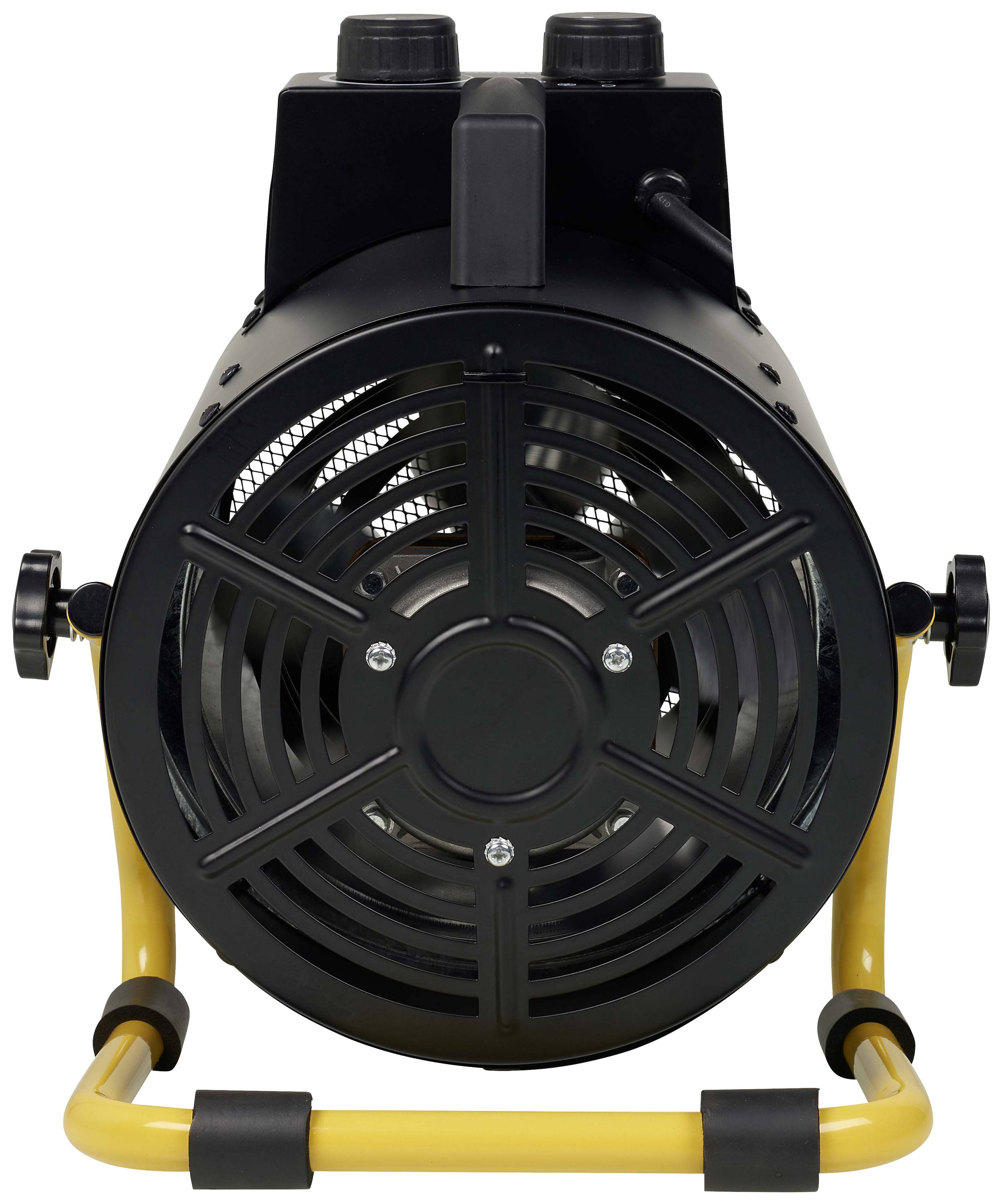 'Industrieller Ventilator in schwarzem Gehäuse mit gelbem Ständer, frontal fotografiert.'