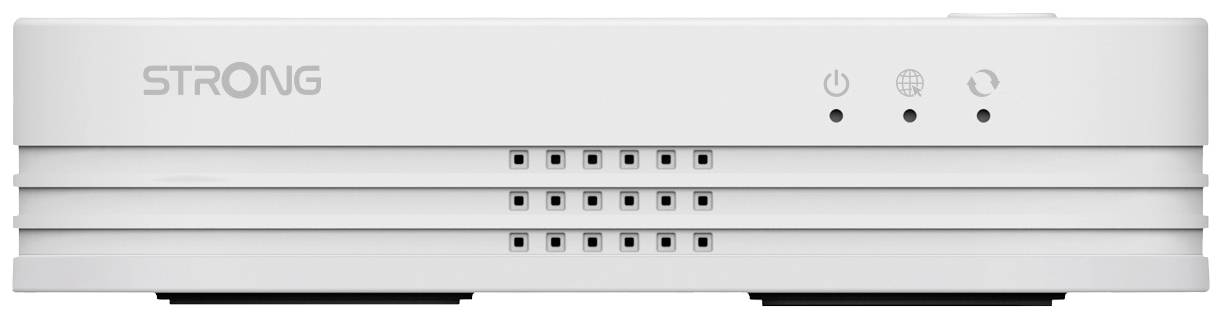Weißer Heimnetzwerkrouter der Marke Strong mit drei LEDs auf der Vorderseite für Power, Internetverbindung und WLAN-Status.