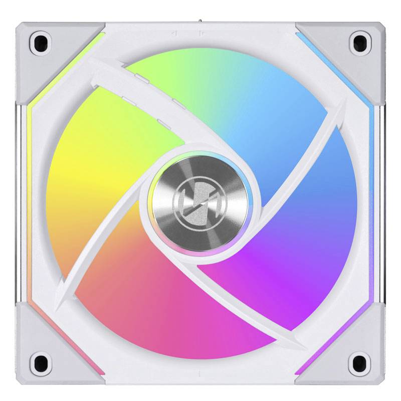 Ein quadratischer Computerlüfter mit transparenten Flügeln zeigt ein leuchtendes Regenbogenspektrum, das in alle Richtungen strahlt.