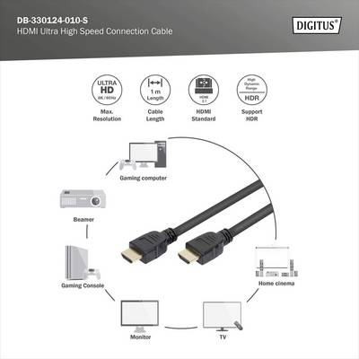 'Digitus HDMI Ultra High Speed Kabel, 1 m, unterstützt 8K Auflösung und HDR. Anwendungen: Gaming-PC, Beamer, Konsole, Monitor, Heimkino.'