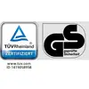 Das Bild zeigt das TÜV Rheinland Zertifizierungslogo und das GS-Zeichen 'geprüfte Sicherheit' mit einer ID-Nummer.