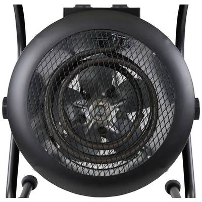 Ein Ventilator in einem runden Gehäuse. Durch ein Gitter sind Rotorblätter und die Mechanik sichtbar.