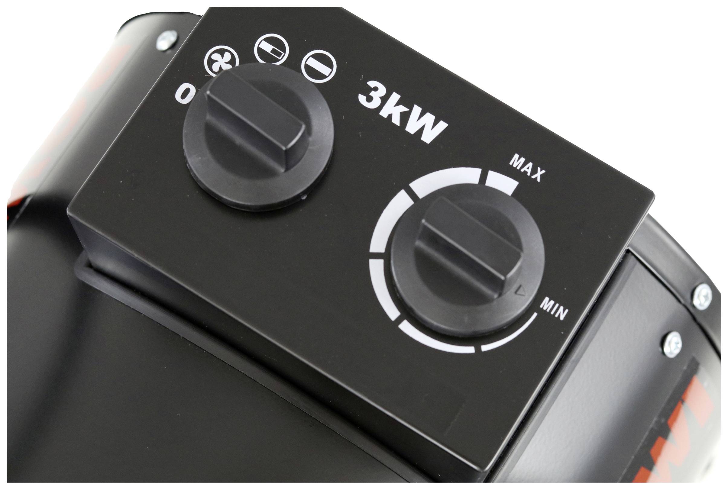 Nahaufnahme eines schwarzen Drehreglers mit Beschriftung '3 kW' und Einstellungen von 'MIN' bis 'MAX' auf einem Elektrogerät.