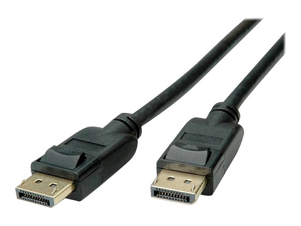 Ein schwarzes DisplayPort-Kabel mit zwei Anschlüssen. Es dient zum Verbinden von Computern mit Monitoren oder Projektoren.