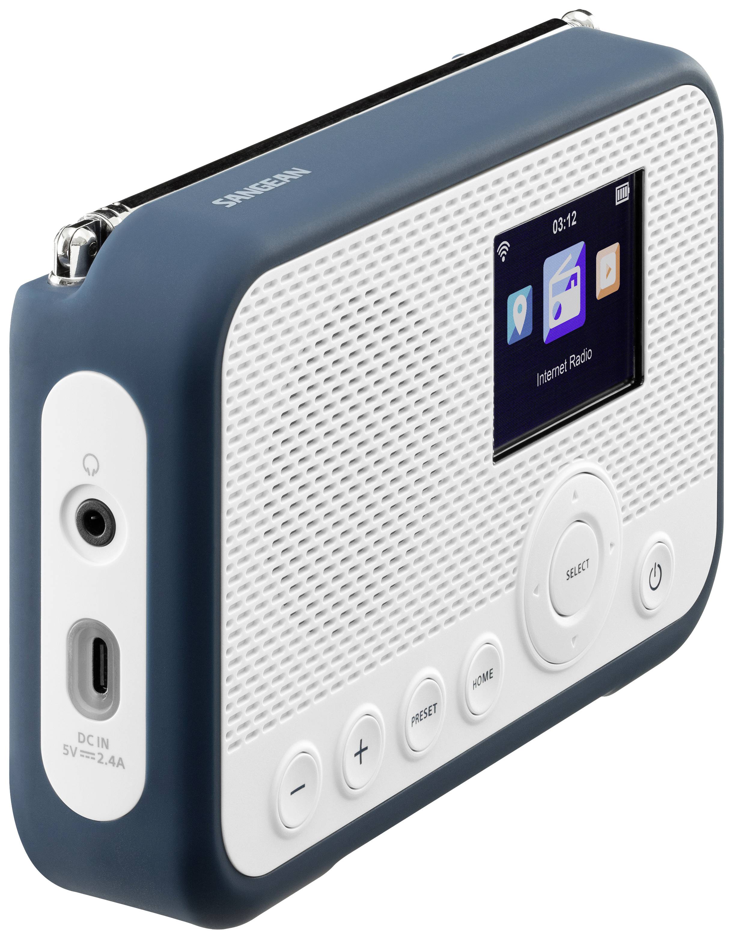 Blau-weißes tragbares Internet-Radio mit Display, Lautsprechergitter und Bedienknöpfen, darunter Lautstärkeregler und Reset-Taste.