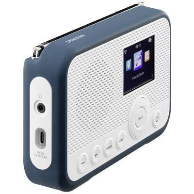 Blau-weißes tragbares Internet-Radio mit Display, Lautsprechergitter und Bedienknöpfen, darunter Lautstärkeregler und Reset-Taste.