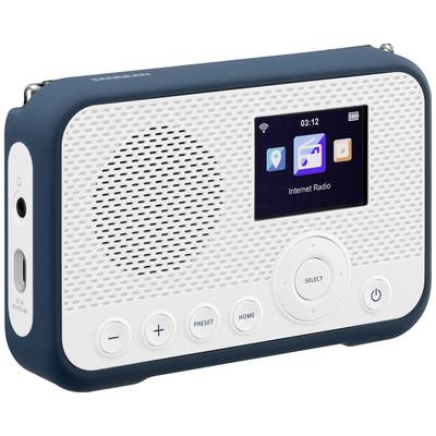 Ein tragbares, rechteckiges Radio mit einem Display an der Vorderseite zeigt Symbole für Apps. Es hat Lautsprecher und verschiedene Tasten.