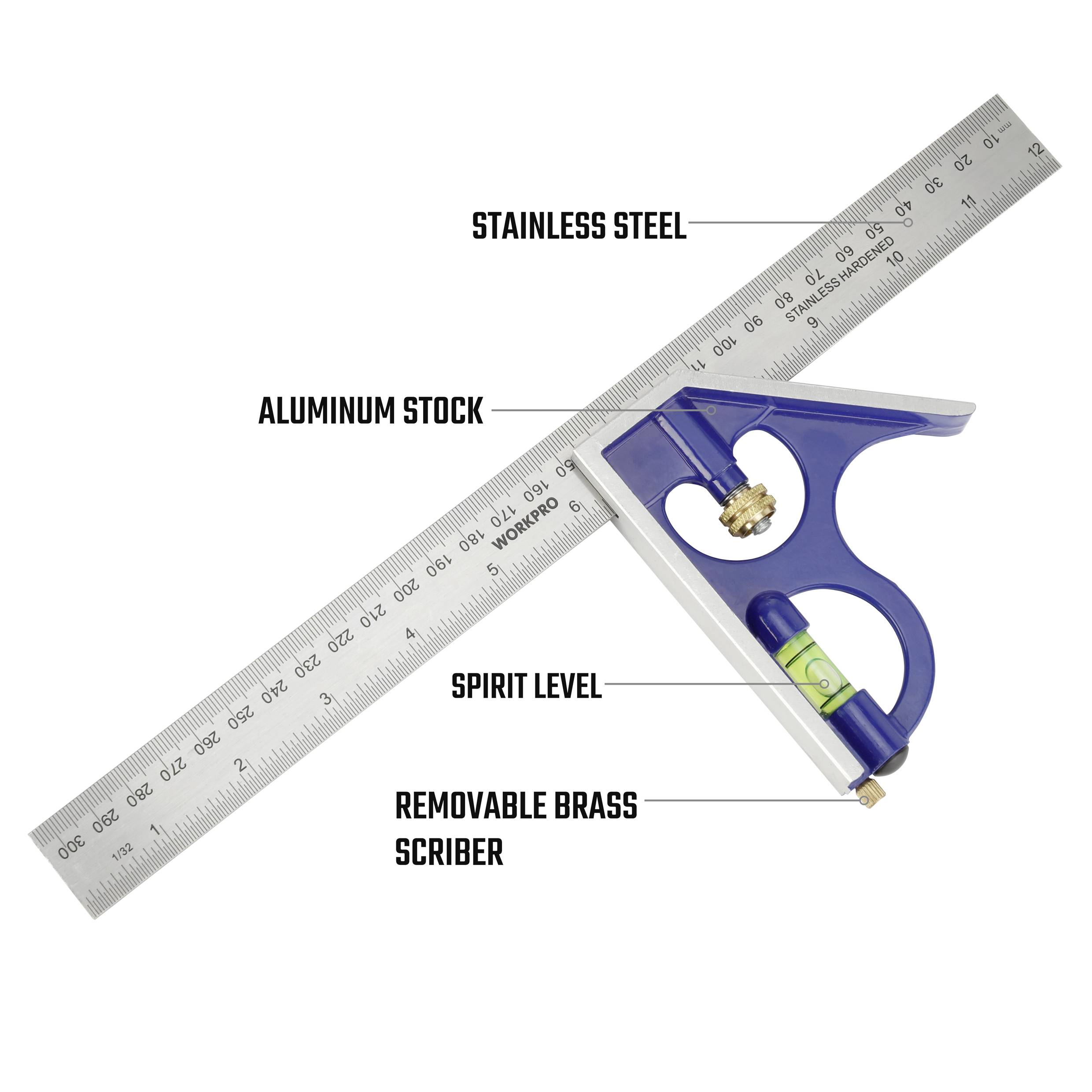 'Kombinationswinkel mit Edelstahlmaßstab, Aluminiumführung, integrierter Wasserwaage und abnehmbarer Messingritzer.'