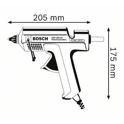 Klebepistole Abbildung: Bosch GKP 200 CE Professional mit den Maßen 205 mm Breite und 175 mm Höhe, seitliche Ansicht.