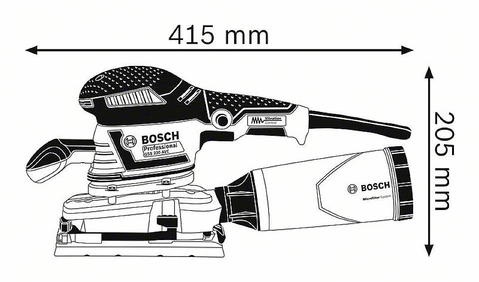 Ein Elektroschleifer von Bosch wird von der Seite gezeigt, mit Maßen von 415 mm Länge und 205 mm Höhe angezeigt.