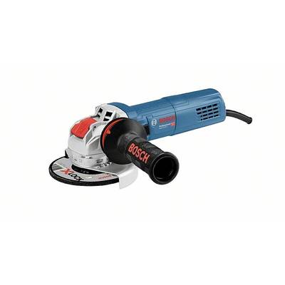 Eine blaue Bosch-Winkelschleifmaschine mit rotem Logo und schwarzem Griff liegt auf einer weißen Oberfläche.