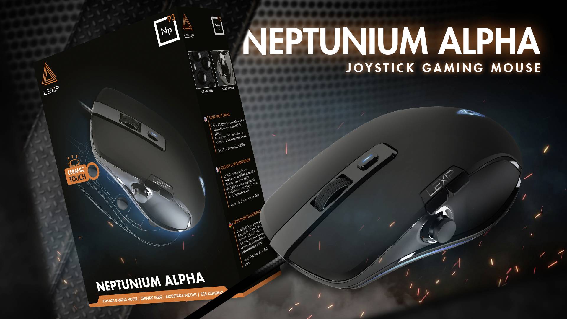 Die Abbildung zeigt eine schwarze Gaming-Maus mit Verpackung, die als 'Neptunium Alpha Joystick Gaming Mouse' bezeichnet wird.