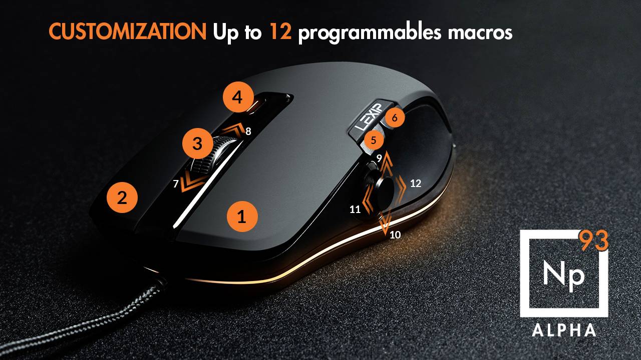 Gaming-Maus mit orange hervorgehobenen Tasten; Aufschrift: 'CUSTOMIZATION Up to 12 programmables macros'. Model: ALPHA Np 93.