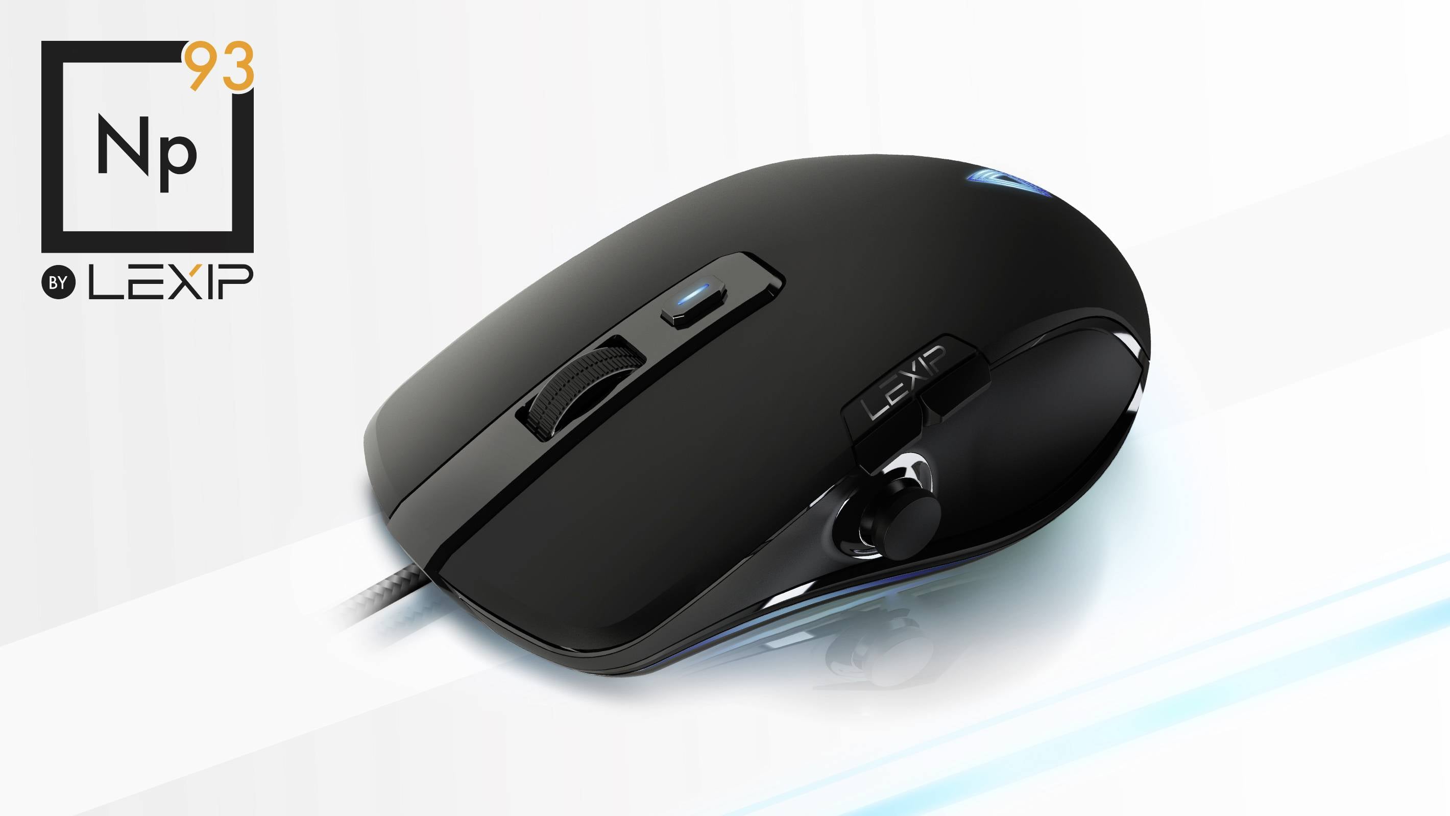 Eine schwarze Gaming-Maus von Lexip mit zusätzlichem Joystick auf der Seite, auf weißem Hintergrund mit leichtem Lichteffekt.