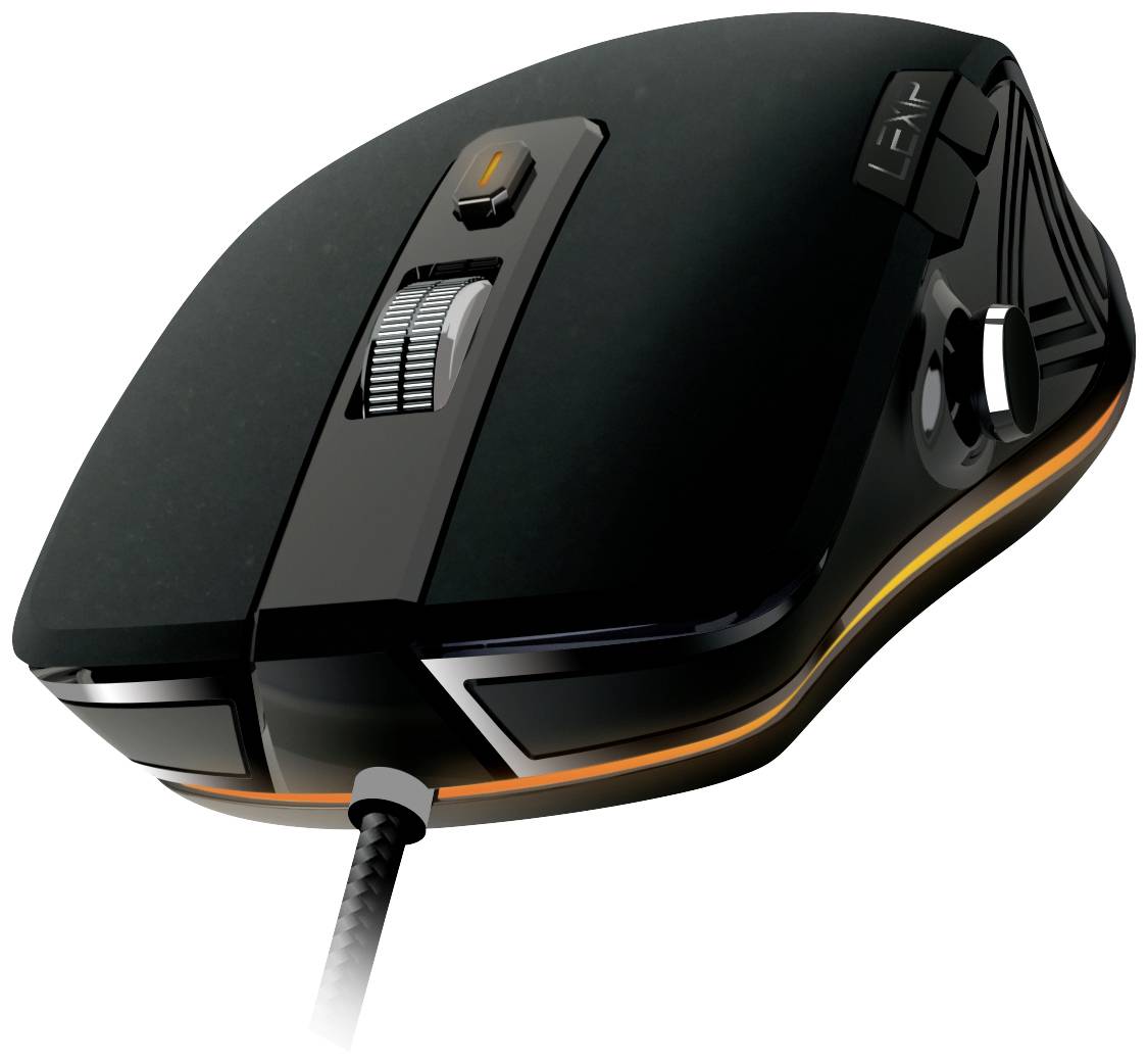 Computergaming-Maus mit Kabel, mehreren Tasten und einem Scrollrad. Sie hat ein modernes Design mit LED-Beleuchtung.