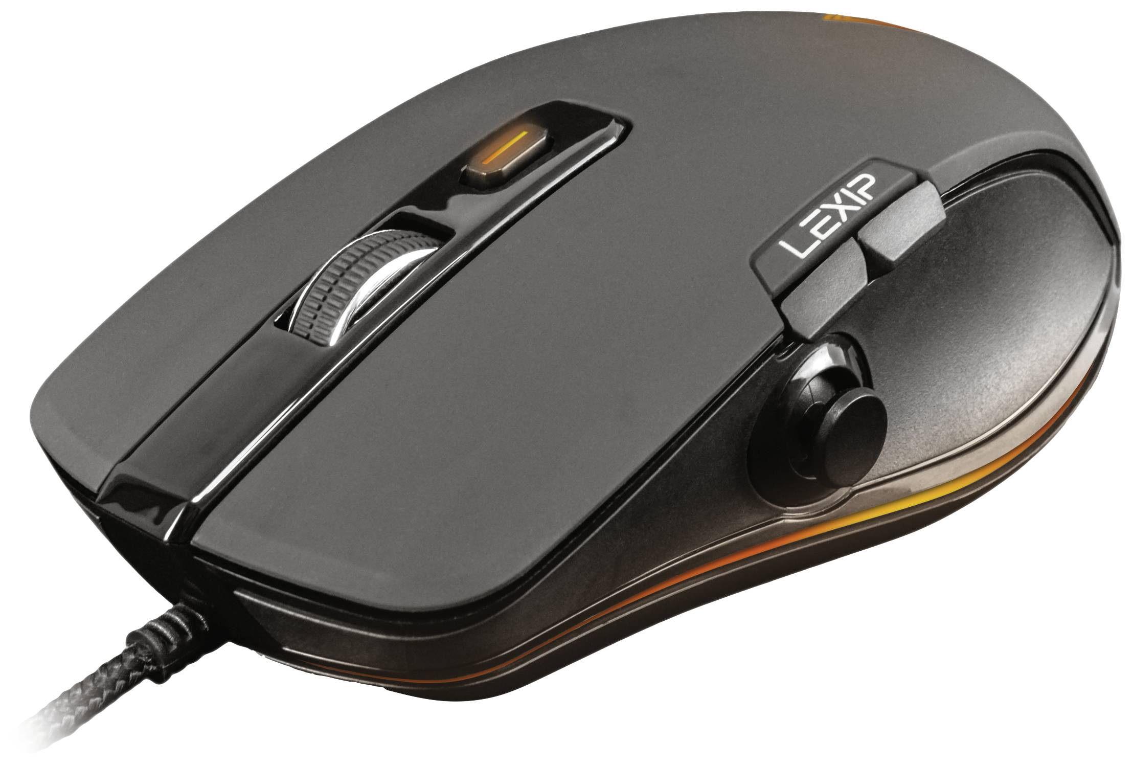 'Schwarze Computermaus mit Kabel, Scrollrad und zwei Tasten. Markiert mit dem Logo "LEXIP"'