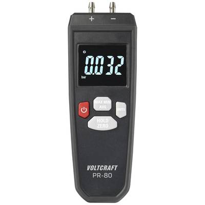 Digitales Manometer PR-80 von Voltcraft mit LCD-Anzeige, zeigt Druck in Bar an. Bedientasten für Max/Min/Avg, Hold/Zero und Einheiten.