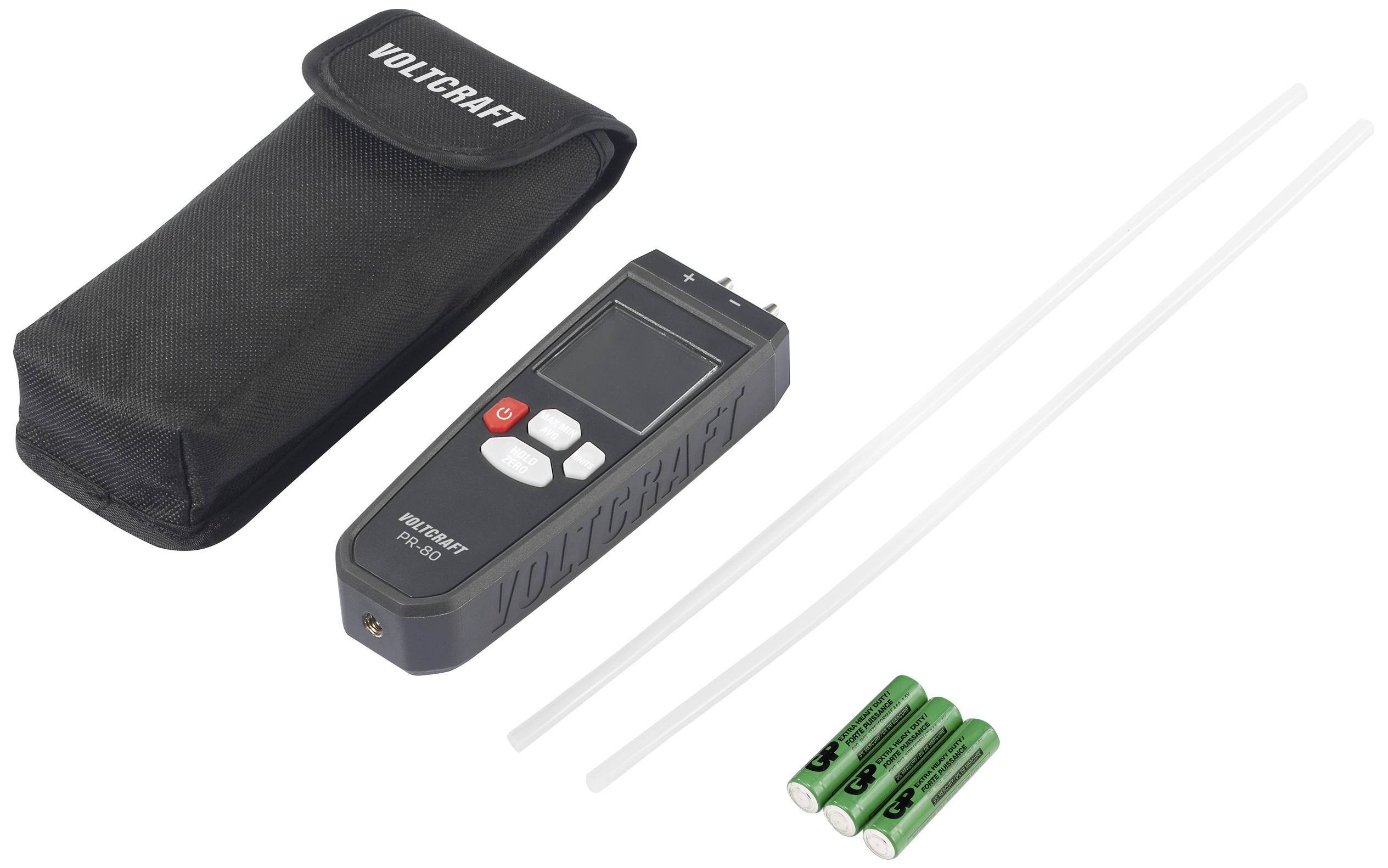 Batterie-Widerstandstester der Marke Voltcraft mit schwarzer Schutztasche, zwei Prüfkabeln und drei grünen Batterien auf weißem Hintergrund.