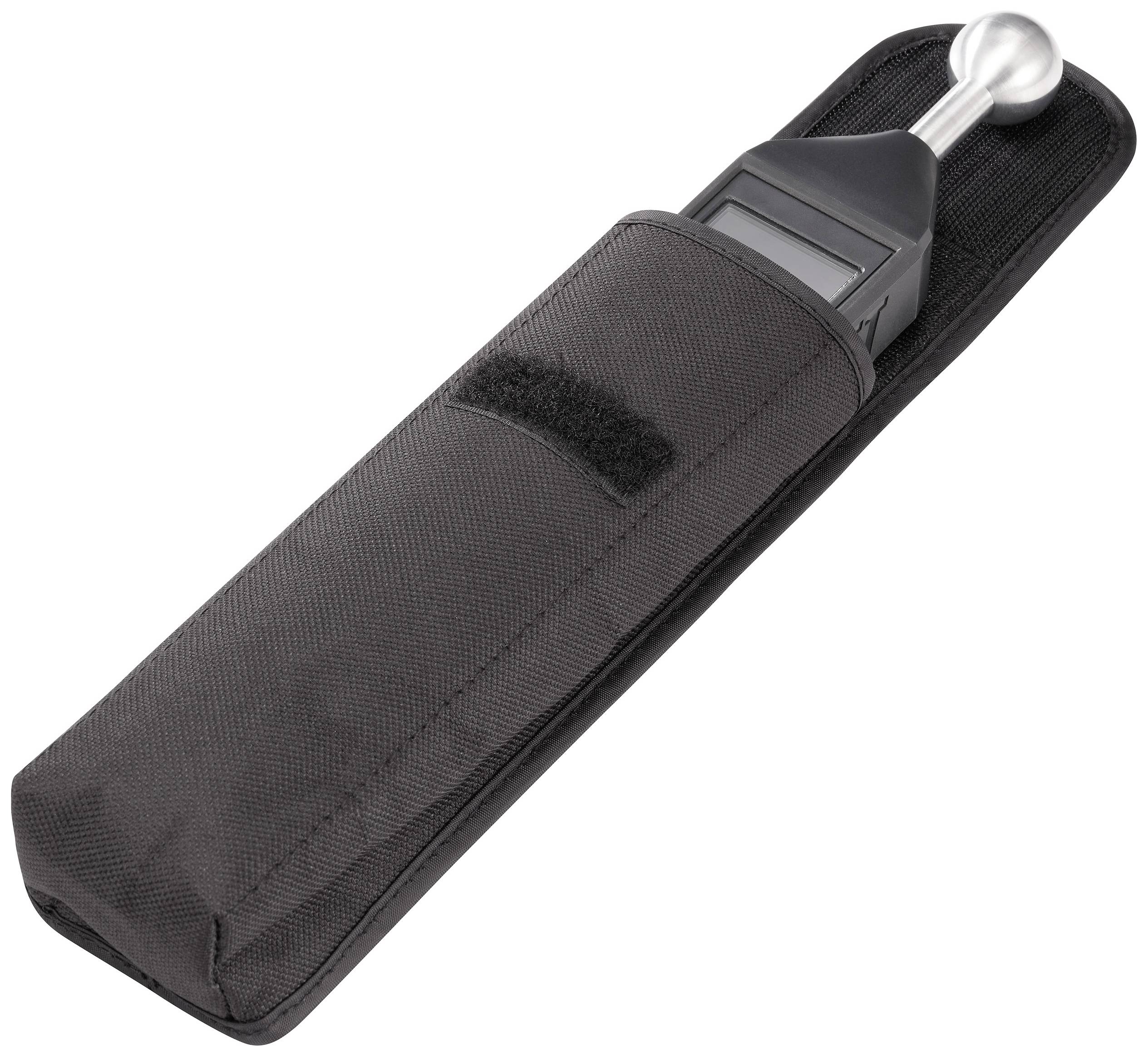 Ein schwarzes Etui enthält ein Messgerät mit einem Aluminiumgriff und Digitalanzeige.